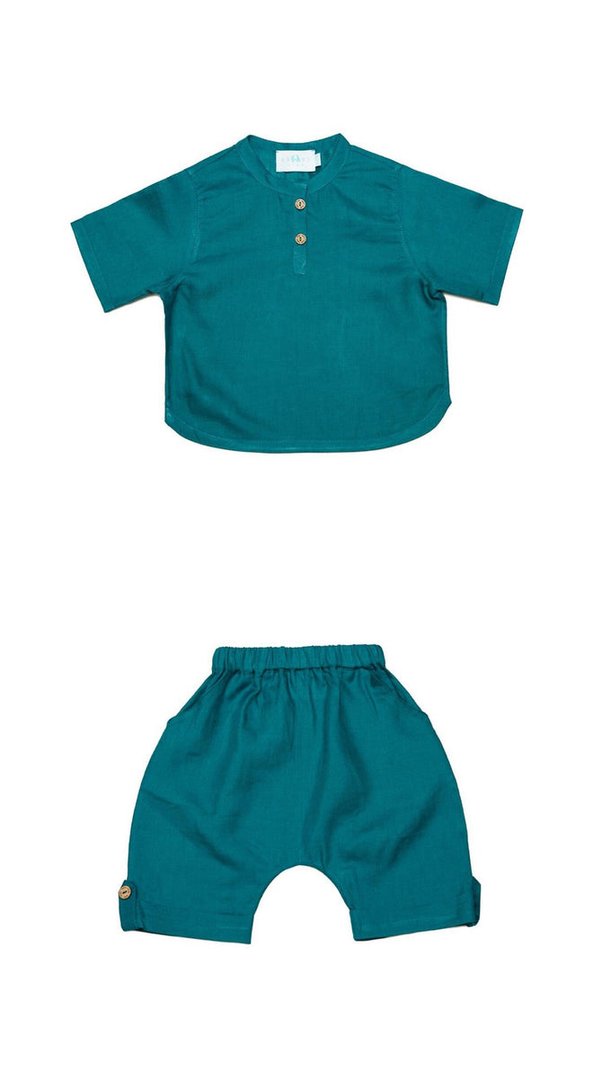 Teal Blue Organic Linen Set