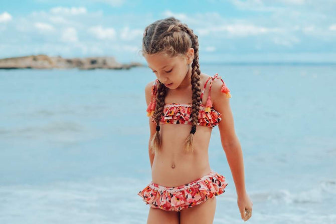 Peach Floral swimsuit with frills – Coco – Fairies and Clouds